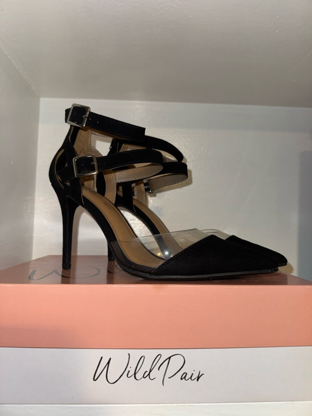 Wild Pair Black Pointed Toe Clear Strap Stiletto Heels Ankle Strap